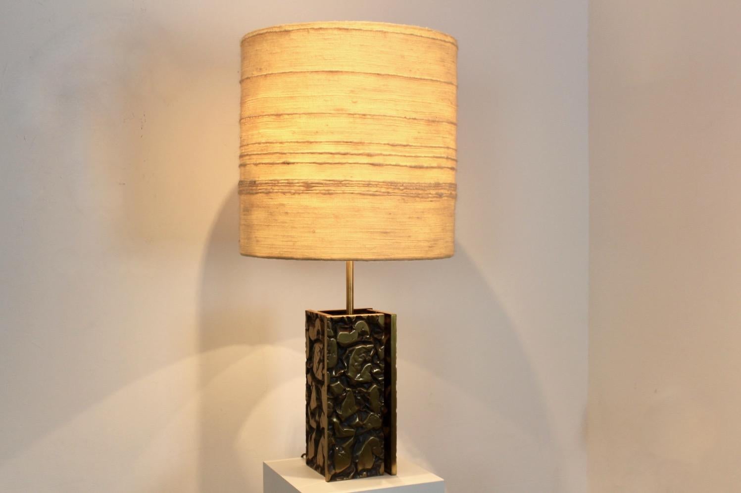 French Brutalist Metal Sculptured Table Lamp with Raw Woolen Structured Shade