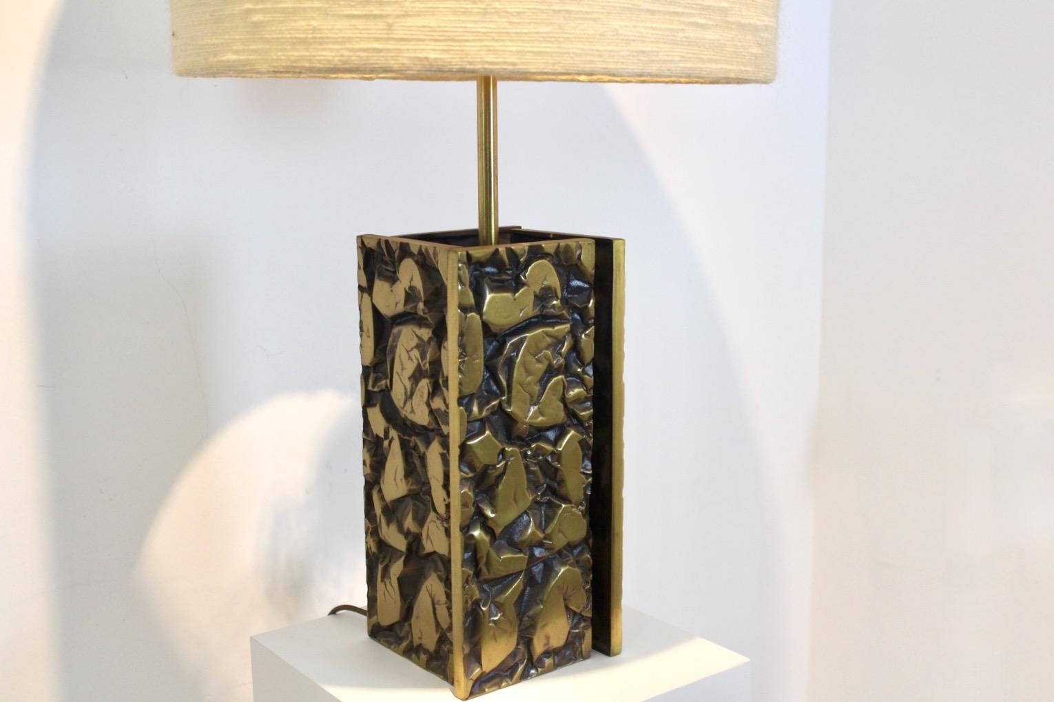 Brass Brutalist Metal Sculptured Table Lamp with Raw Woolen Structured Shade