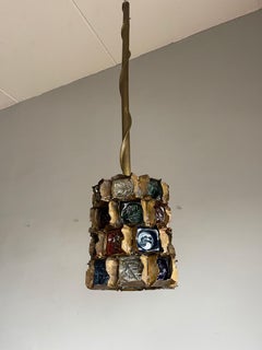 Brutalist Metal & Stained Glass Midcentury Pendant by Artist Felipe Delfinger