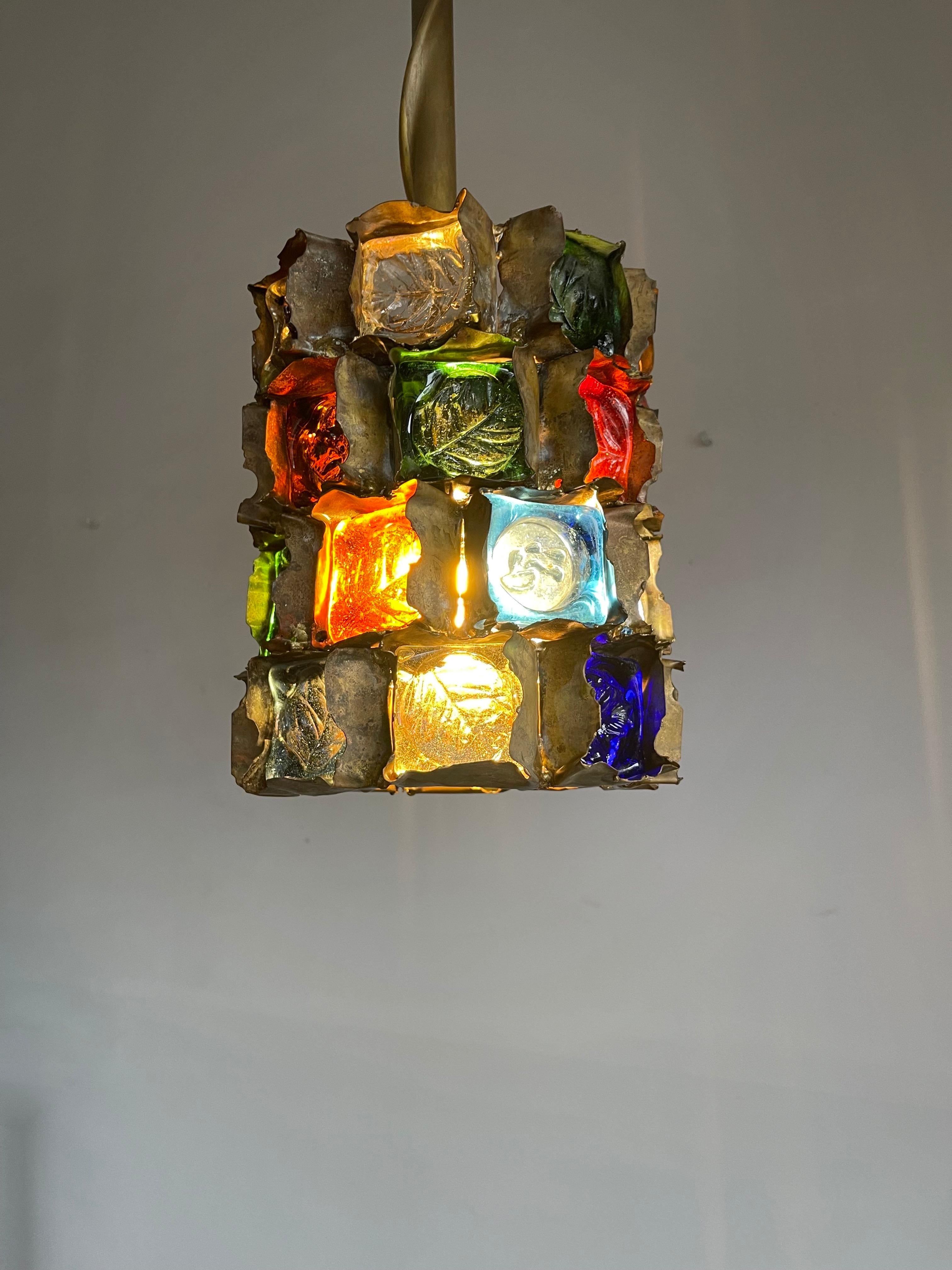 Hand-Crafted Brutalist Metal & Stained Glass Midcentury Pendant by Artist Felipe Delfinger For Sale