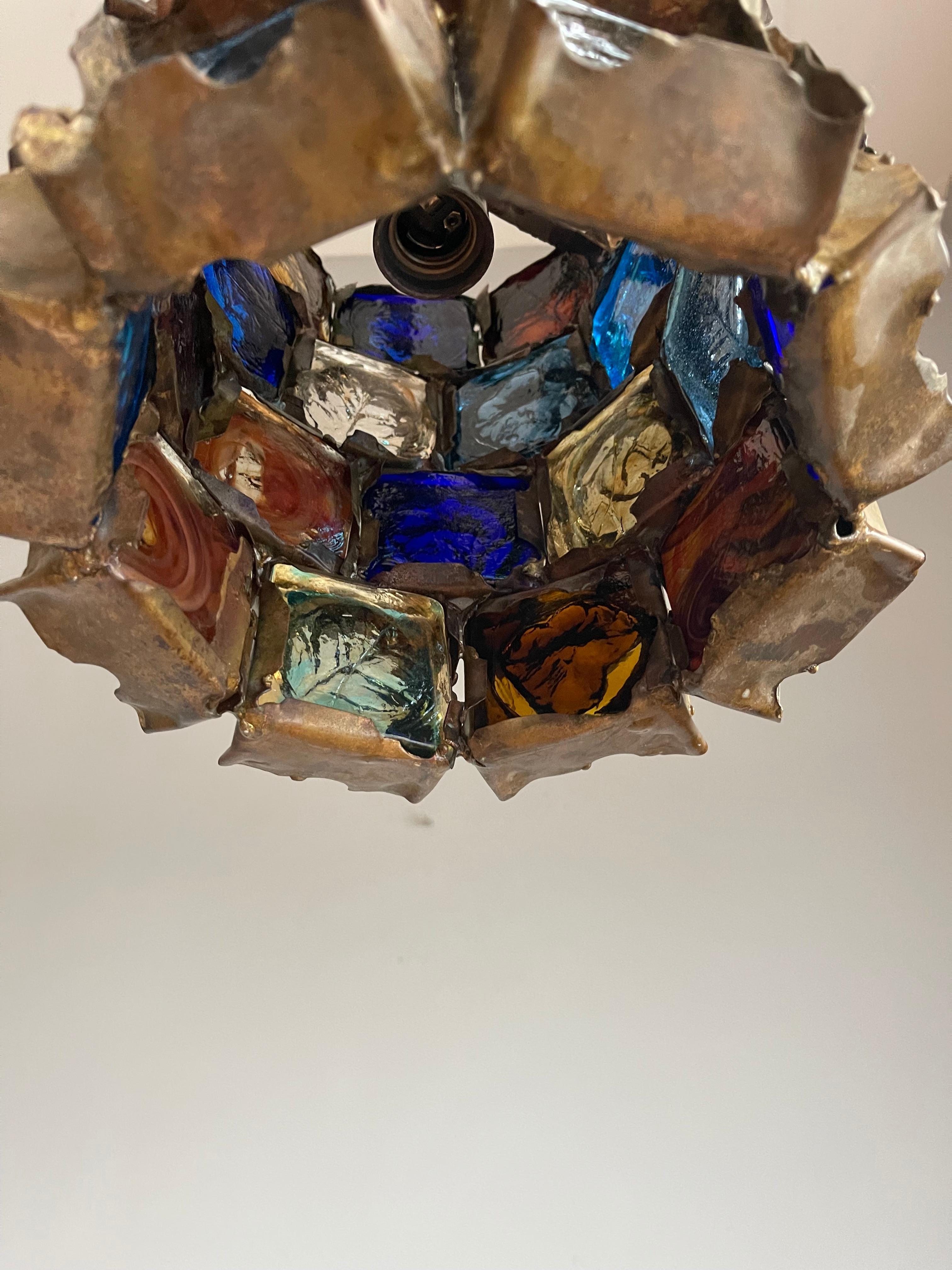 Brutalist Metal & Stained Glass Midcentury Pendant by Artist Felipe Delfinger For Sale 1