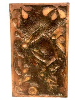 Brutalist Metal Wall Plaque in Patinated Copper Embossed Fishes Theme