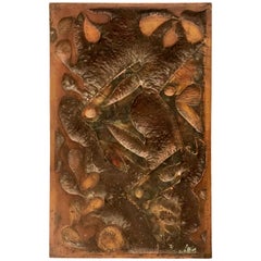 Brutalist Metal Wall Plaque in Patinated Copper Embossed Fishes Theme