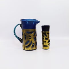 Tarro de cristal Brutalista de Arte Moderno Mexicano con 5 Vasos de Feders