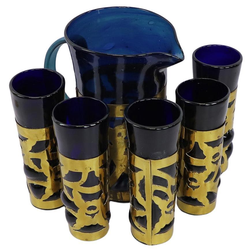 Vaso di vetro d'arte moderna messicana brutalista con 5 bicchieri di Federal Glass