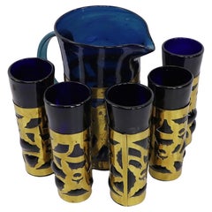 Vaso di vetro d'arte moderna messicana brutalista con 5 bicchieri di Federal Glass