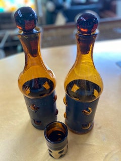 Brutalist Mexican Modern Imprisoned Glass Decanter & Glass by Felipe Delfinger