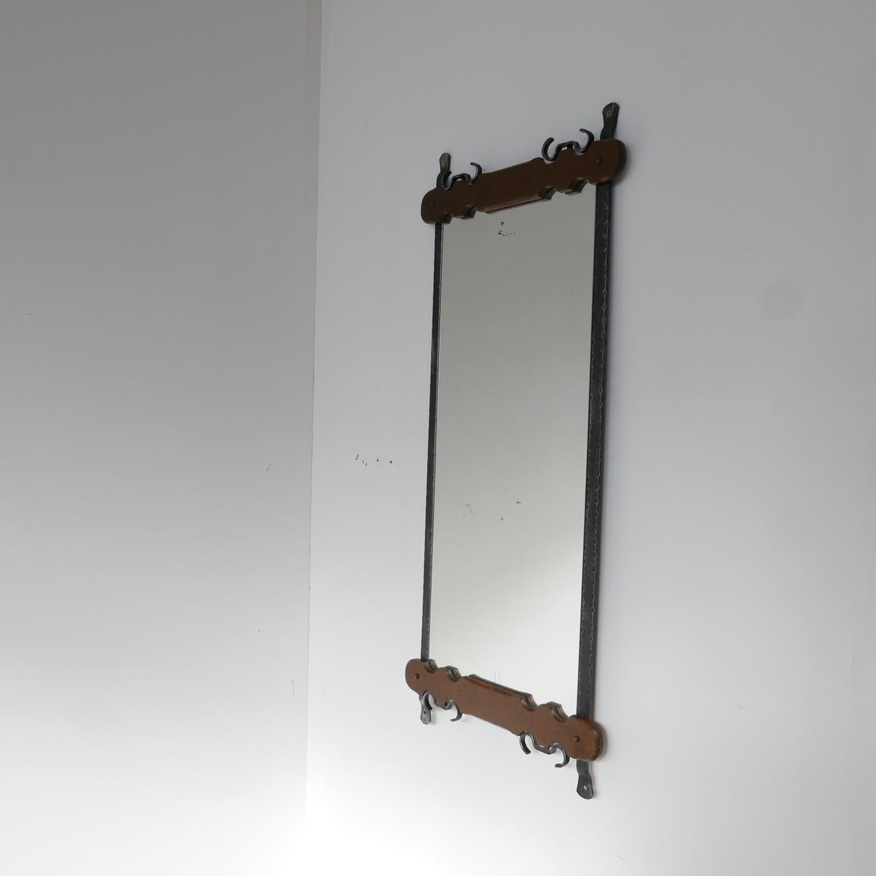 Brutalist Mid-Century Belgium Iron and Wood Mirror For Sale 5