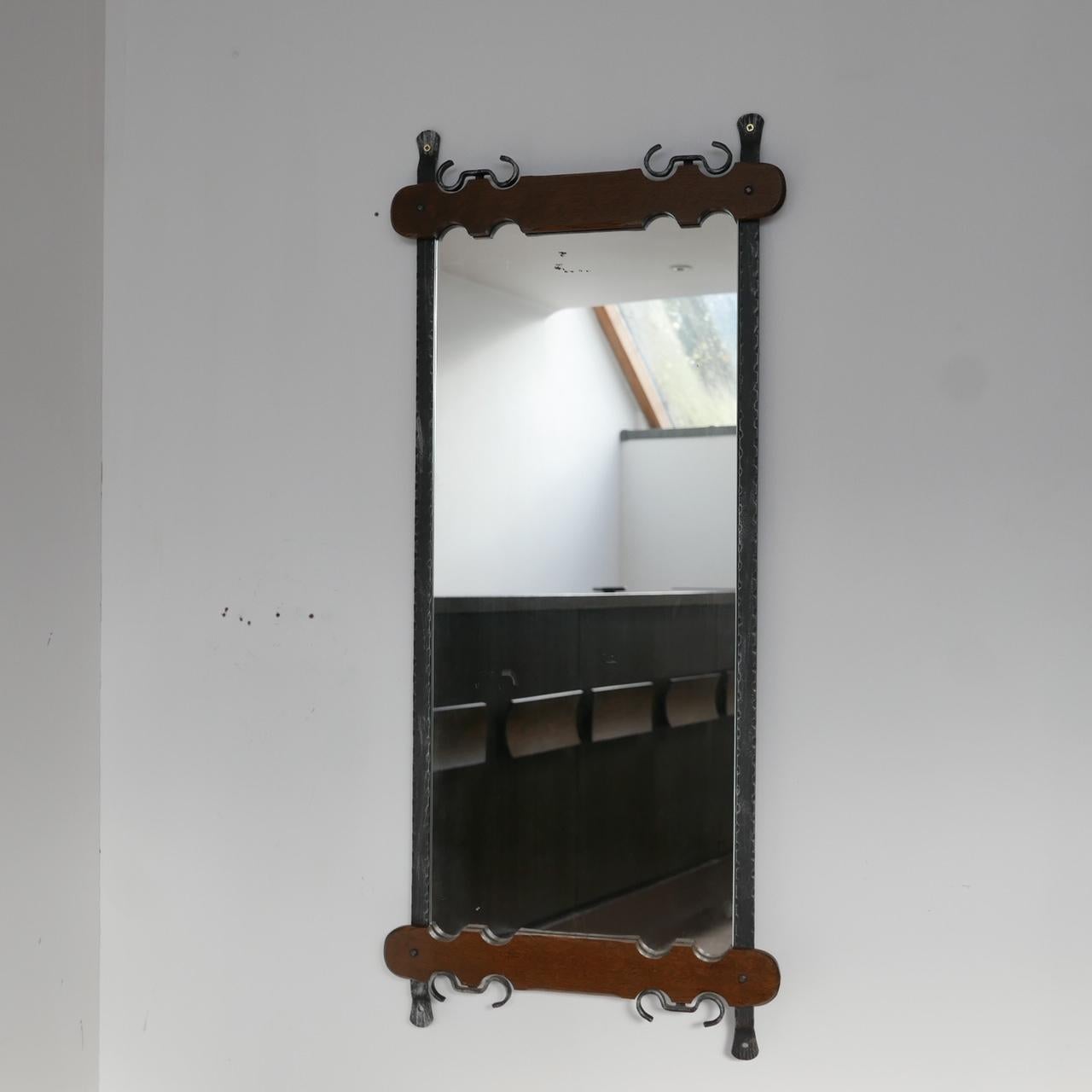 20th Century Brutalist Mid-Century Belgium Iron and Wood Mirror For Sale