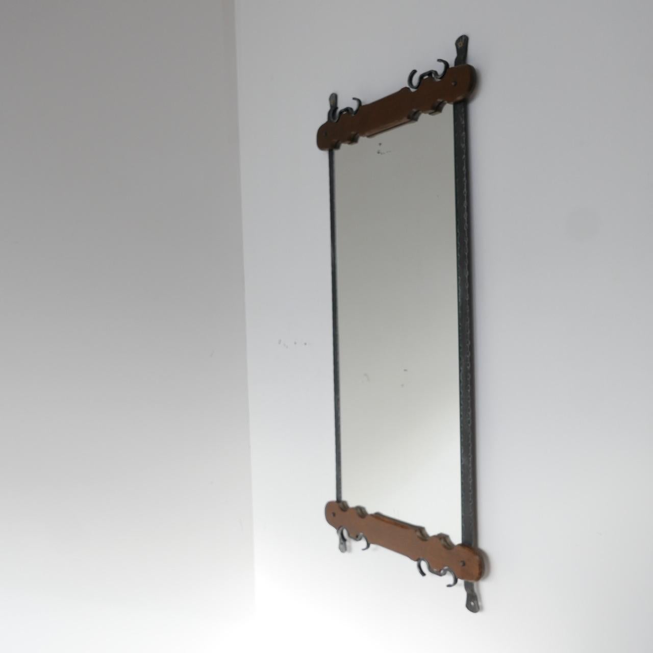 Brutalist Mid-Century Belgium Iron and Wood Mirror For Sale 2