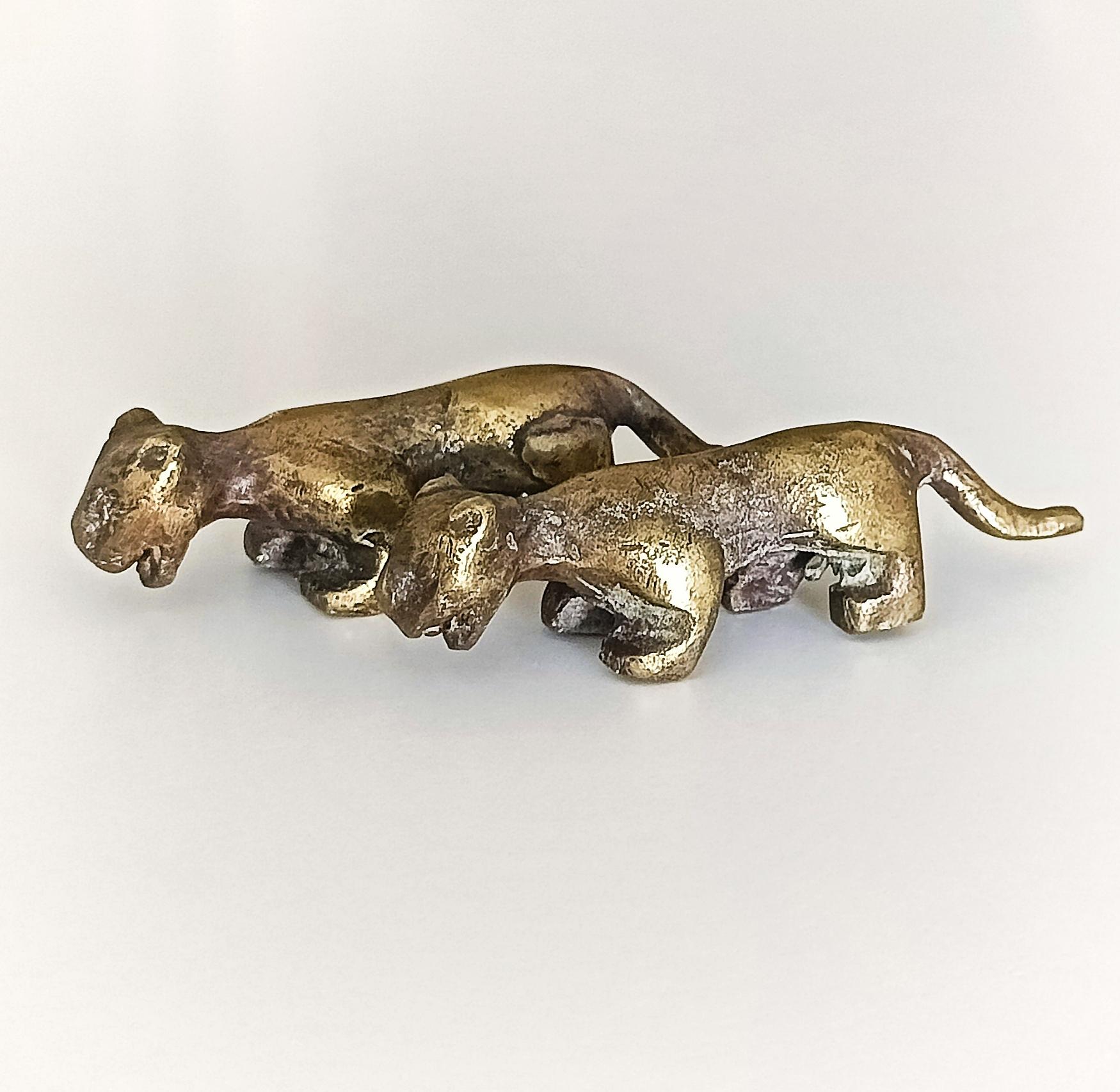 Brutalist Mid Century Modern Small Bronze Panther Sculptures, France 1950s For Sale 3