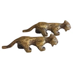 Brutalist Mid Century Modern Small Bronze Panther Sculptures, France 1950s