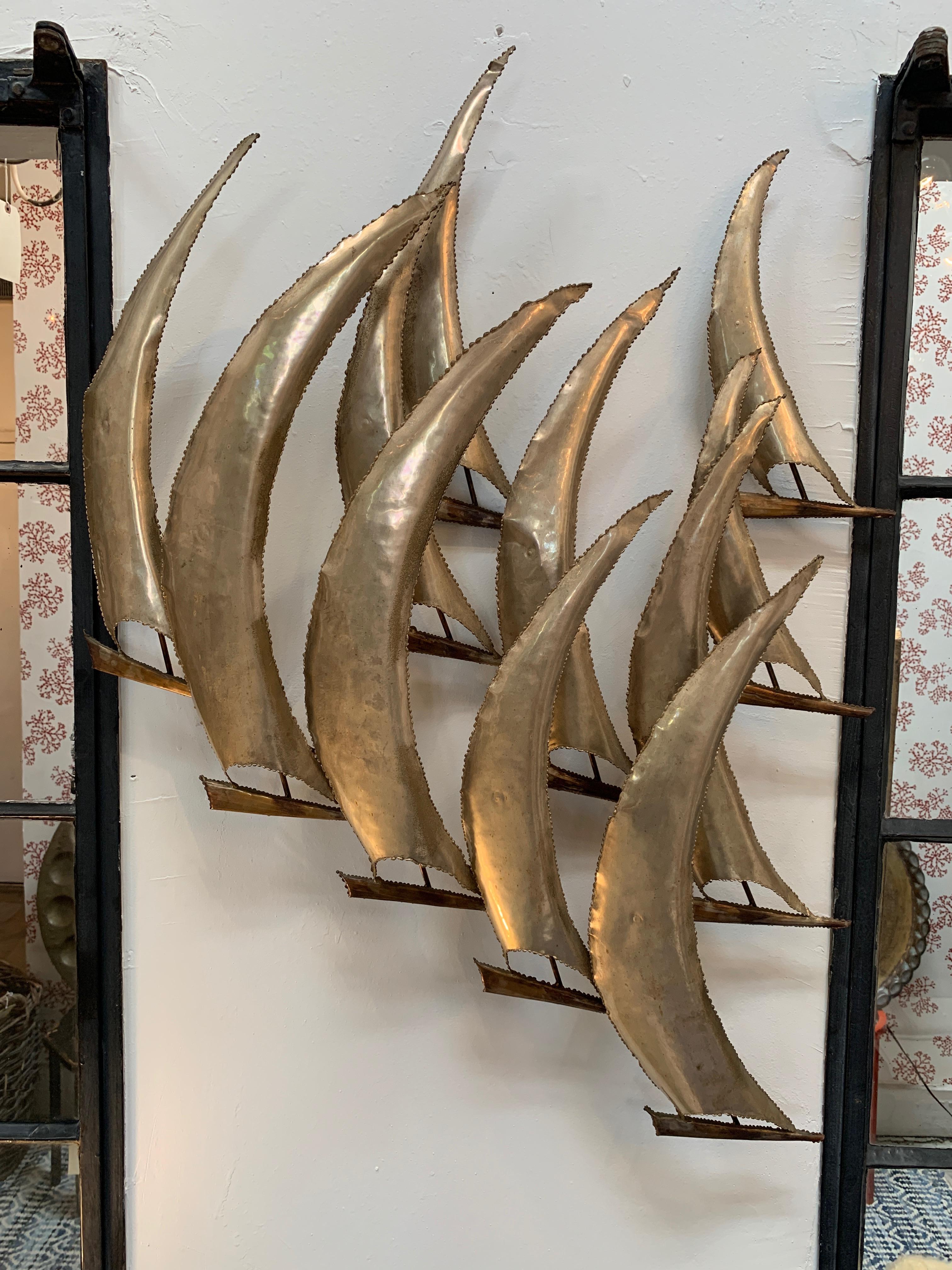 Midcentury torch cut metal wall art welded in copper and brass. Large piece in the style of Curtis Jere, 1960s-1970s. Artist unknown. Has a very nice patina, varying throughout. Light aging but excellent condition.