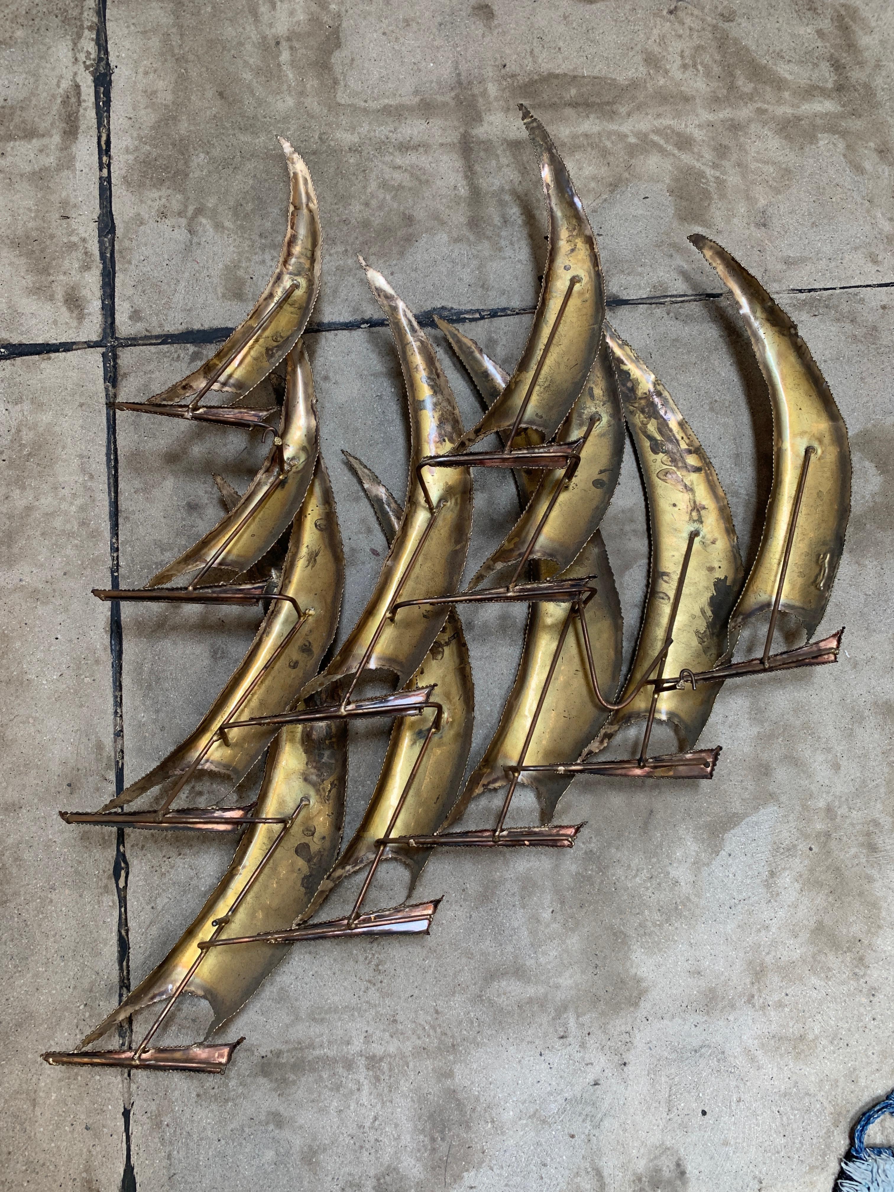 Brutalist Midcentury Copper and Brass Sail Boat Fleet Wall Sculpture 3