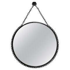 Vintage Brutalist Mid-Century Design Wall Mirror with Wrought Iron Frame and Chain