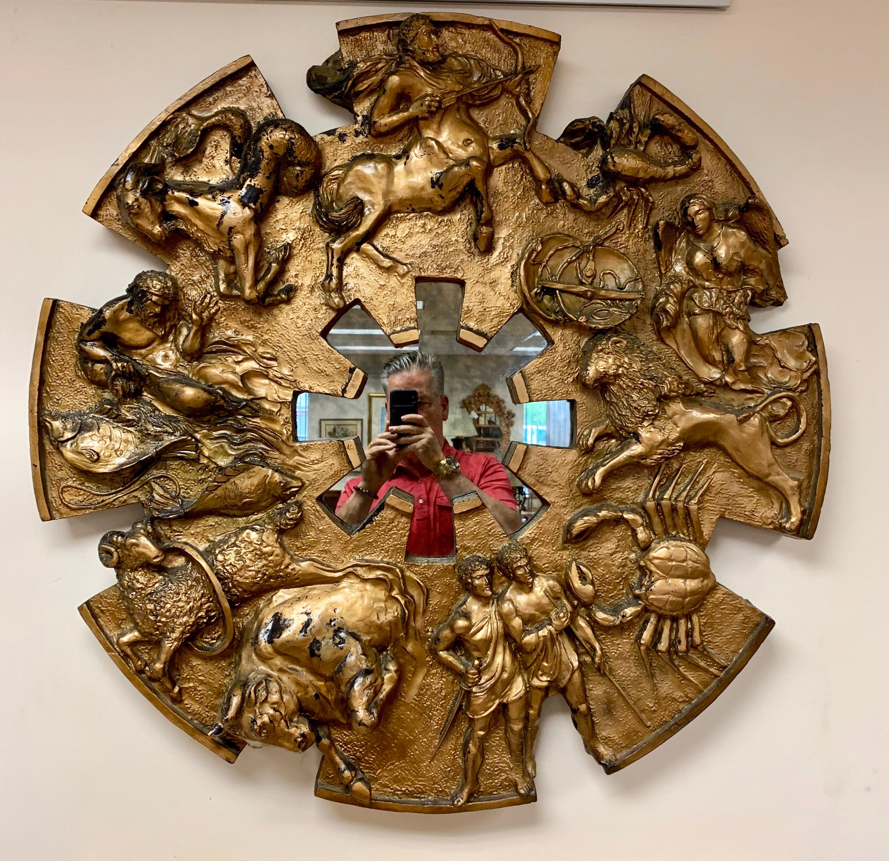 Brutalist Round Gold Midcentury Greek Zodiac Finesse Relief Mirror 4