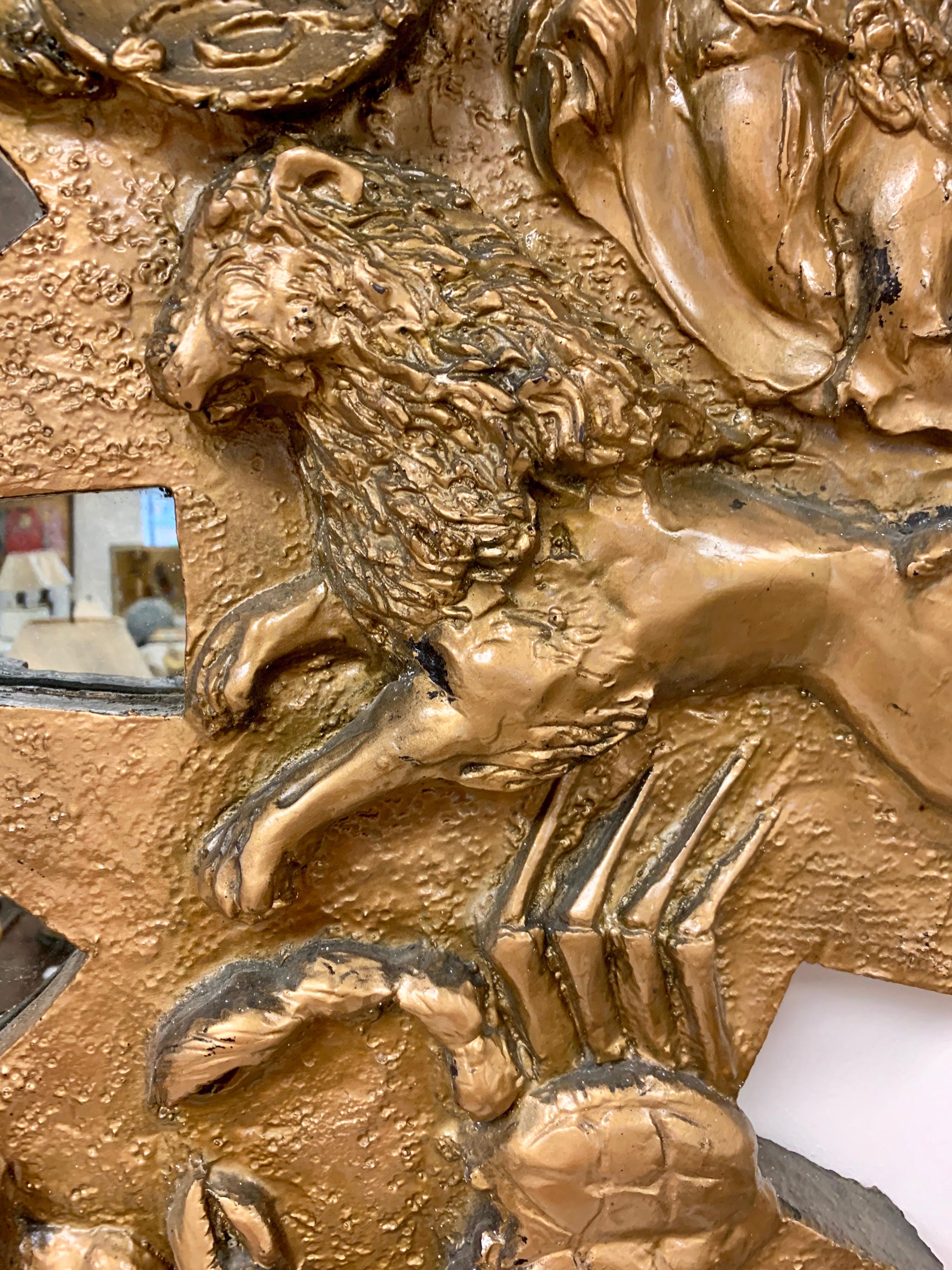 Brutalist Round Gold Midcentury Greek Zodiac Finesse Relief Mirror 9