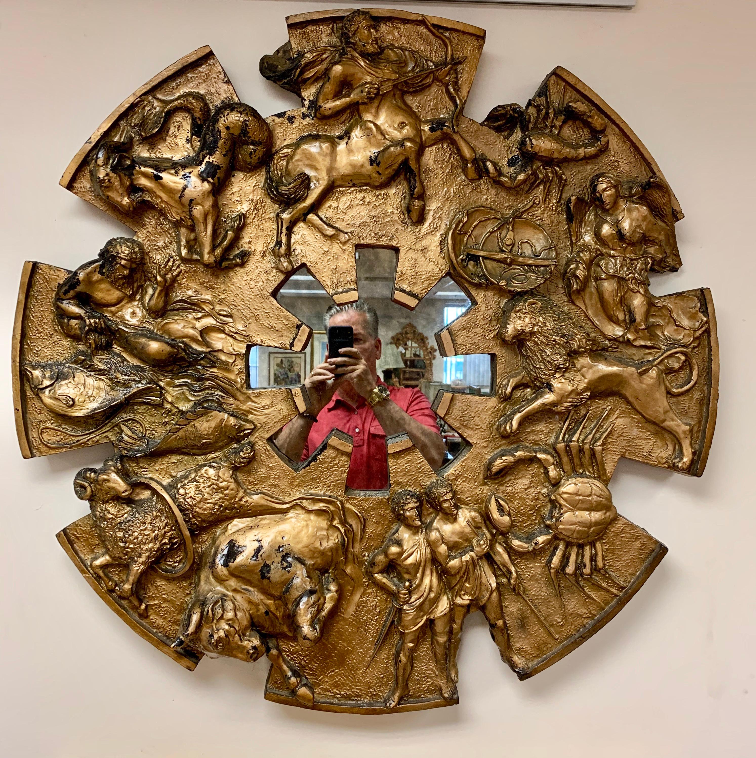 Brutalist Round Gold Midcentury Greek Zodiac Finesse Relief Mirror 11