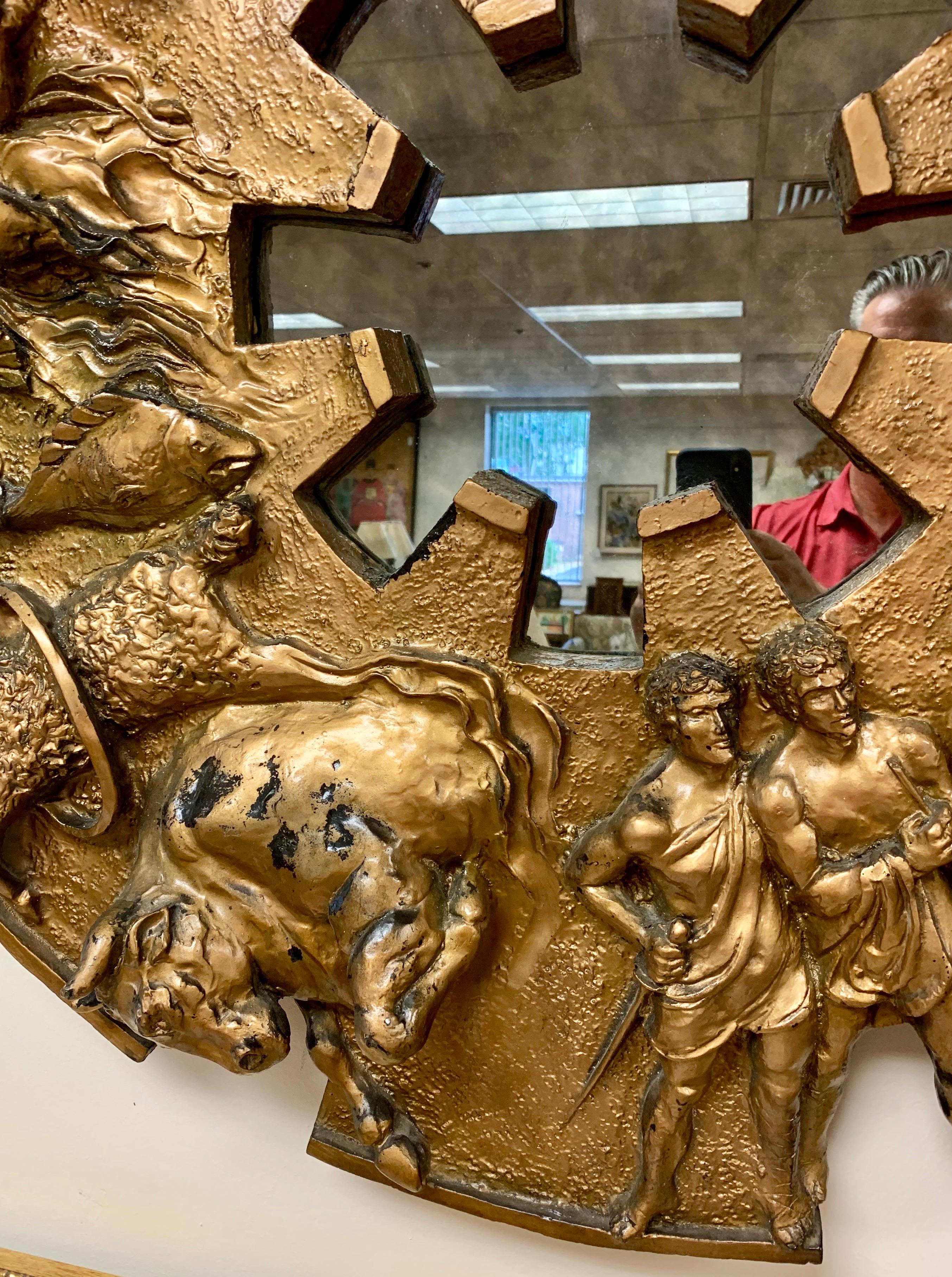 Brutalist Round Gold Midcentury Greek Zodiac Finesse Relief Mirror 1