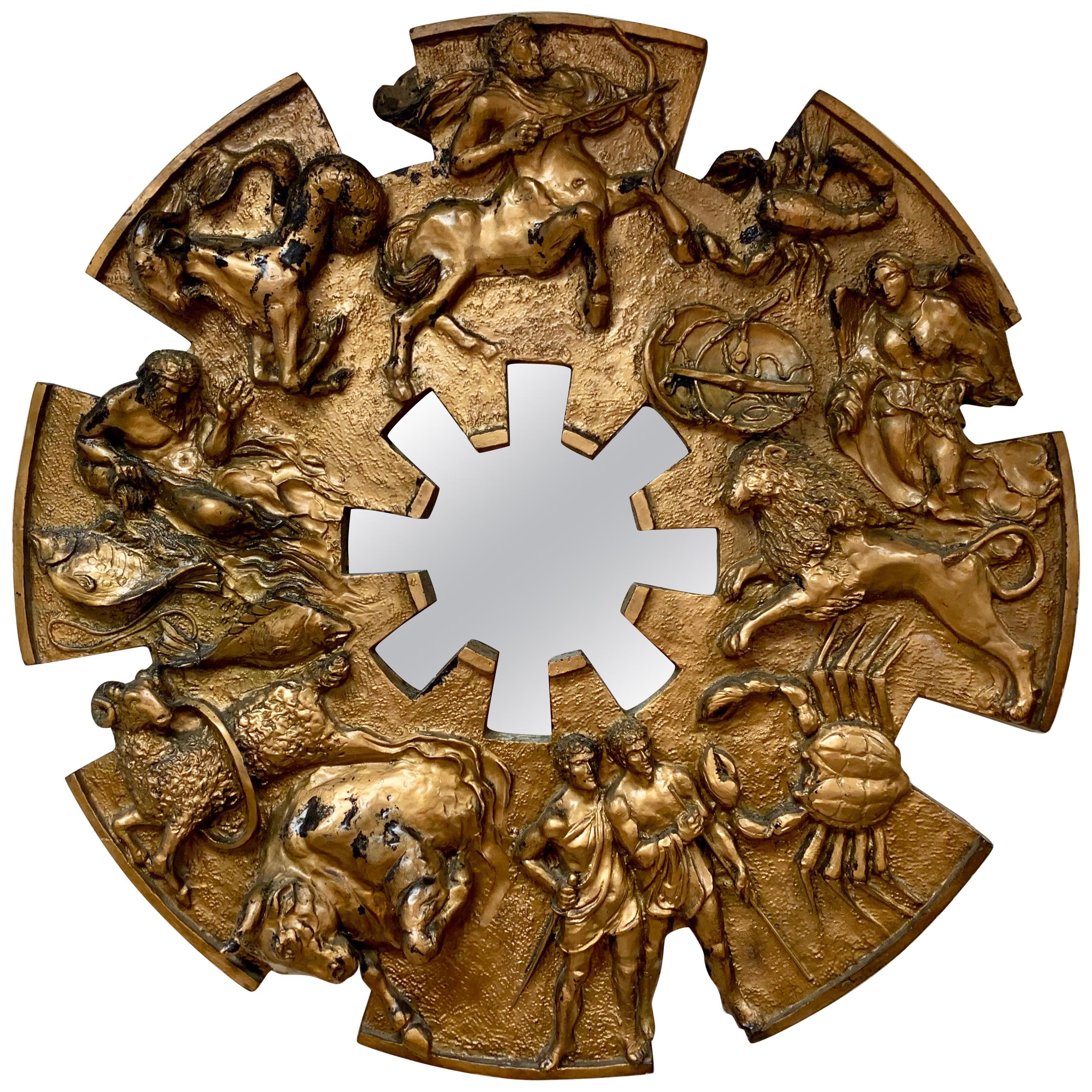 Brutalist Round Gold Midcentury Greek Zodiac Finesse Relief Mirror