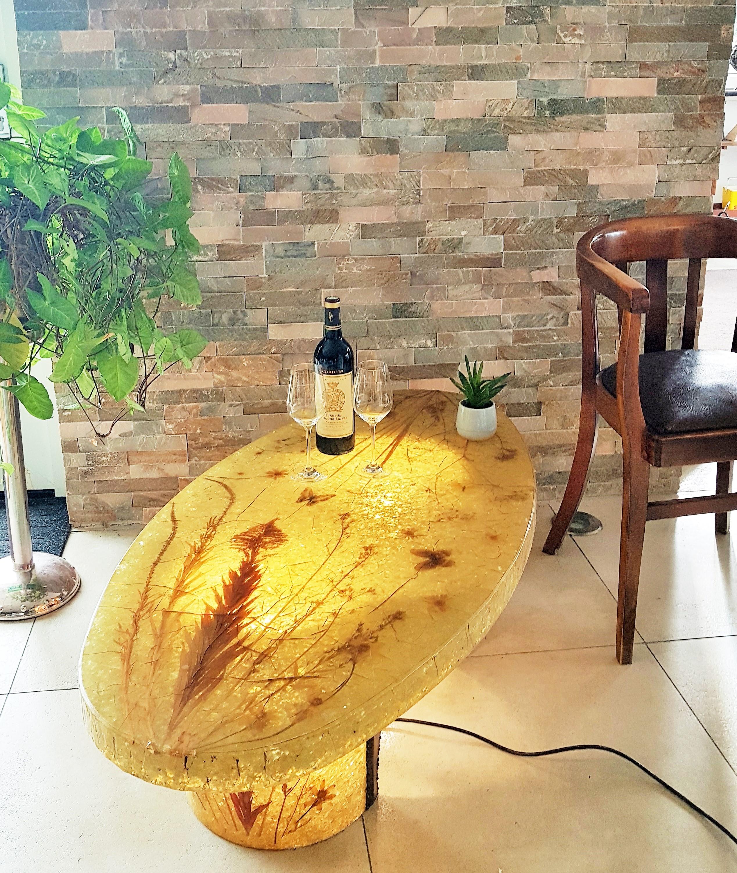 Brutalist. Midcentury illuminated resin coffee side table from Accolay, France.

Naturalistic illuminating coffee table made by D'accolay in France during the 1960s.
The crackled resin top contains real natural elements such as butterflies,