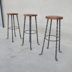 Brutalist Mid-Century Iron and Wood Bar Stools '3'