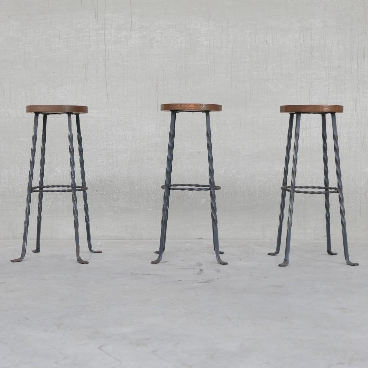 Brutalist Mid-Century Iron and Wood Bar Stools '3' In Good Condition In London, GB