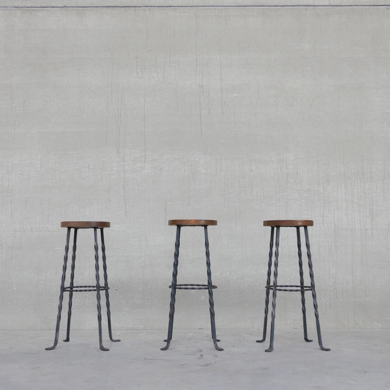 20th Century Brutalist Mid-Century Iron and Wood Bar Stools '3'