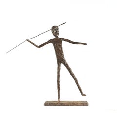 Brutalist Mid Century Man Throwing Spear Steel Sculpture