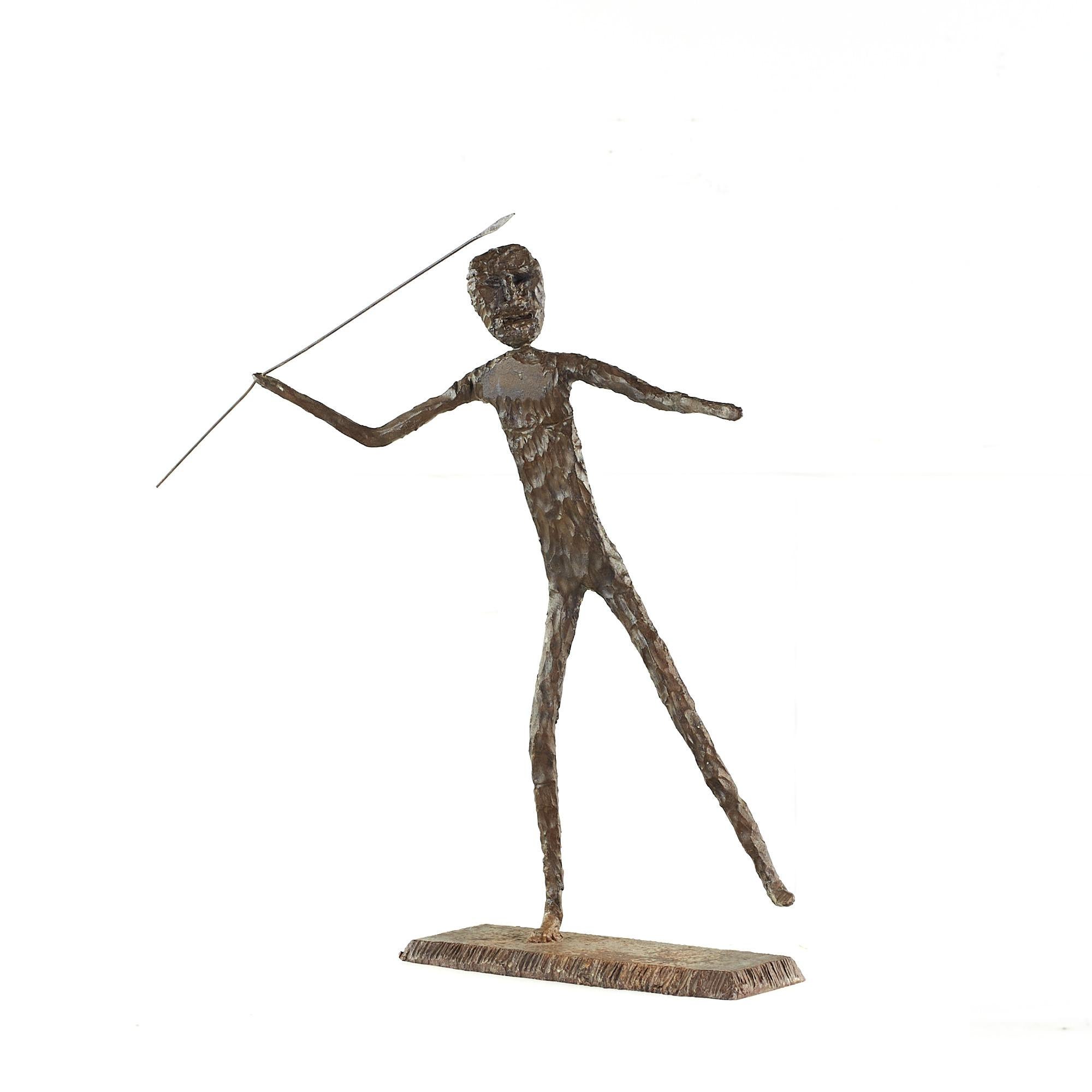 Mid-Century Modern Brutalist Mid Century Man Throwing Spear Steel Sculpture For Sale