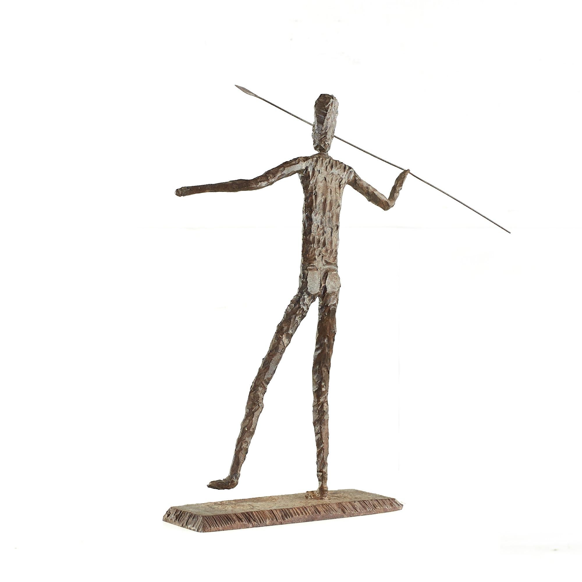 Late 20th Century Brutalist Mid Century Man Throwing Spear Steel Sculpture For Sale