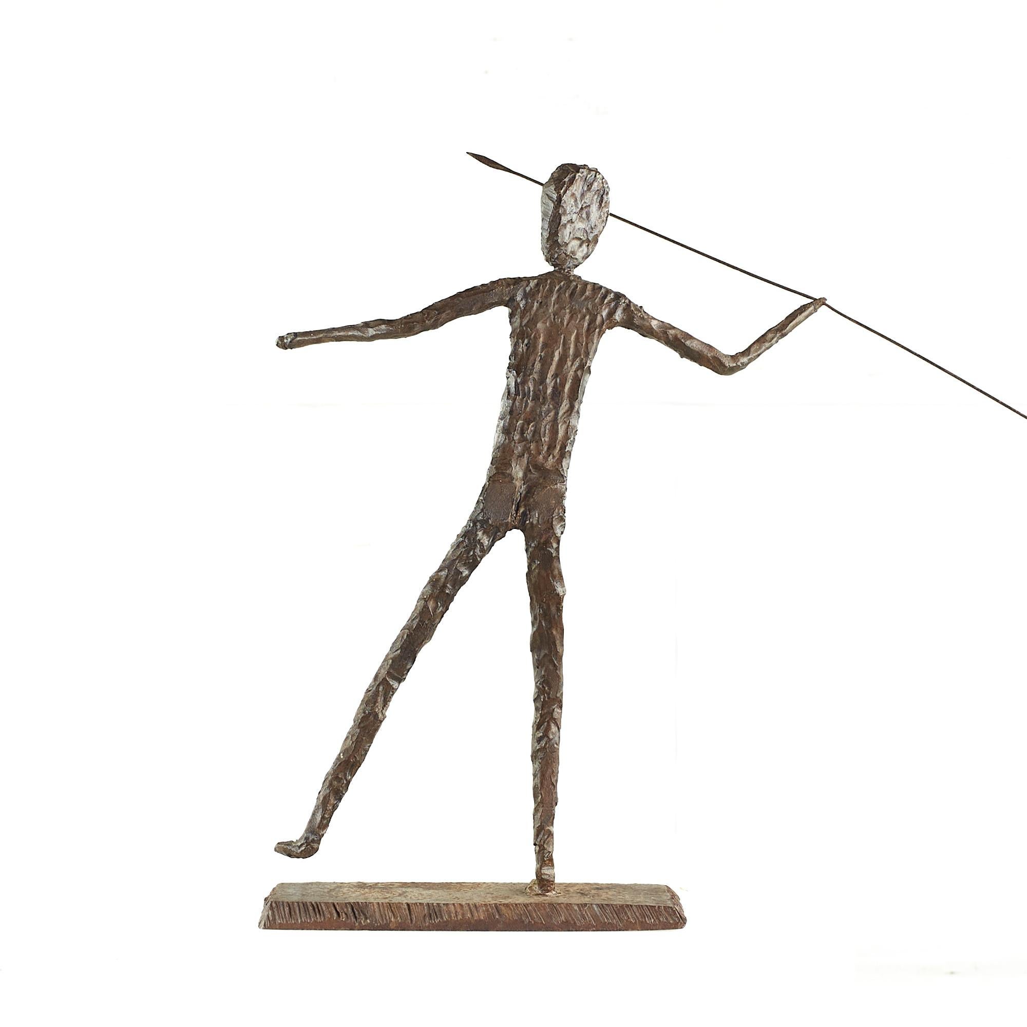 Brutalist Mid Century Man Throwing Spear Steel Sculpture For Sale 1