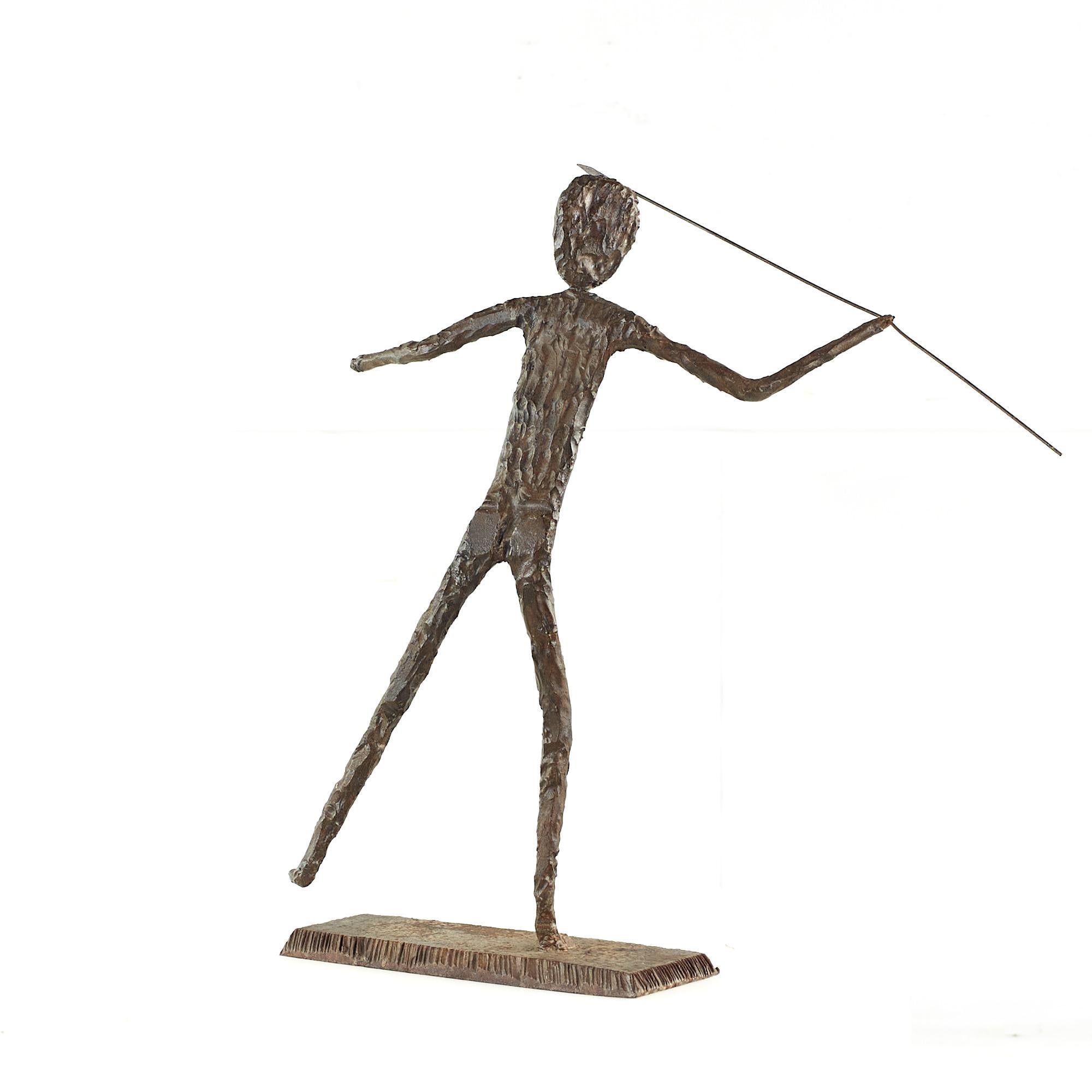 Brutalist Mid Century Man Throwing Spear Steel Sculpture For Sale 2