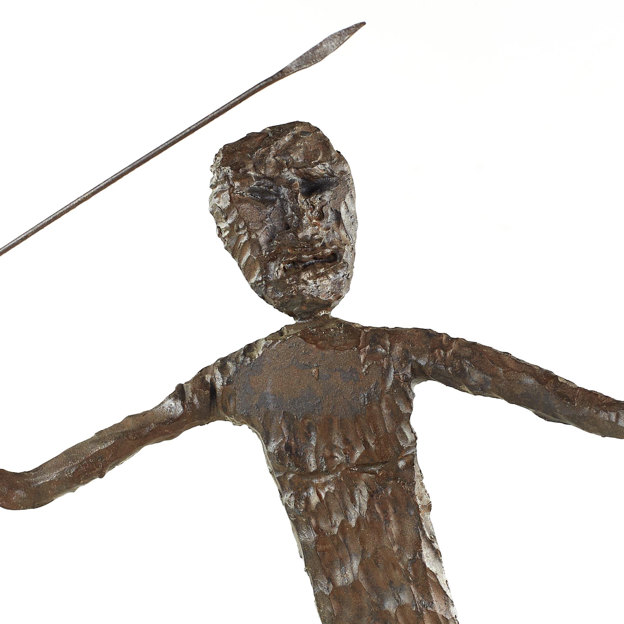Brutalist Mid Century Man Throwing Spear Steel Sculpture For Sale 3