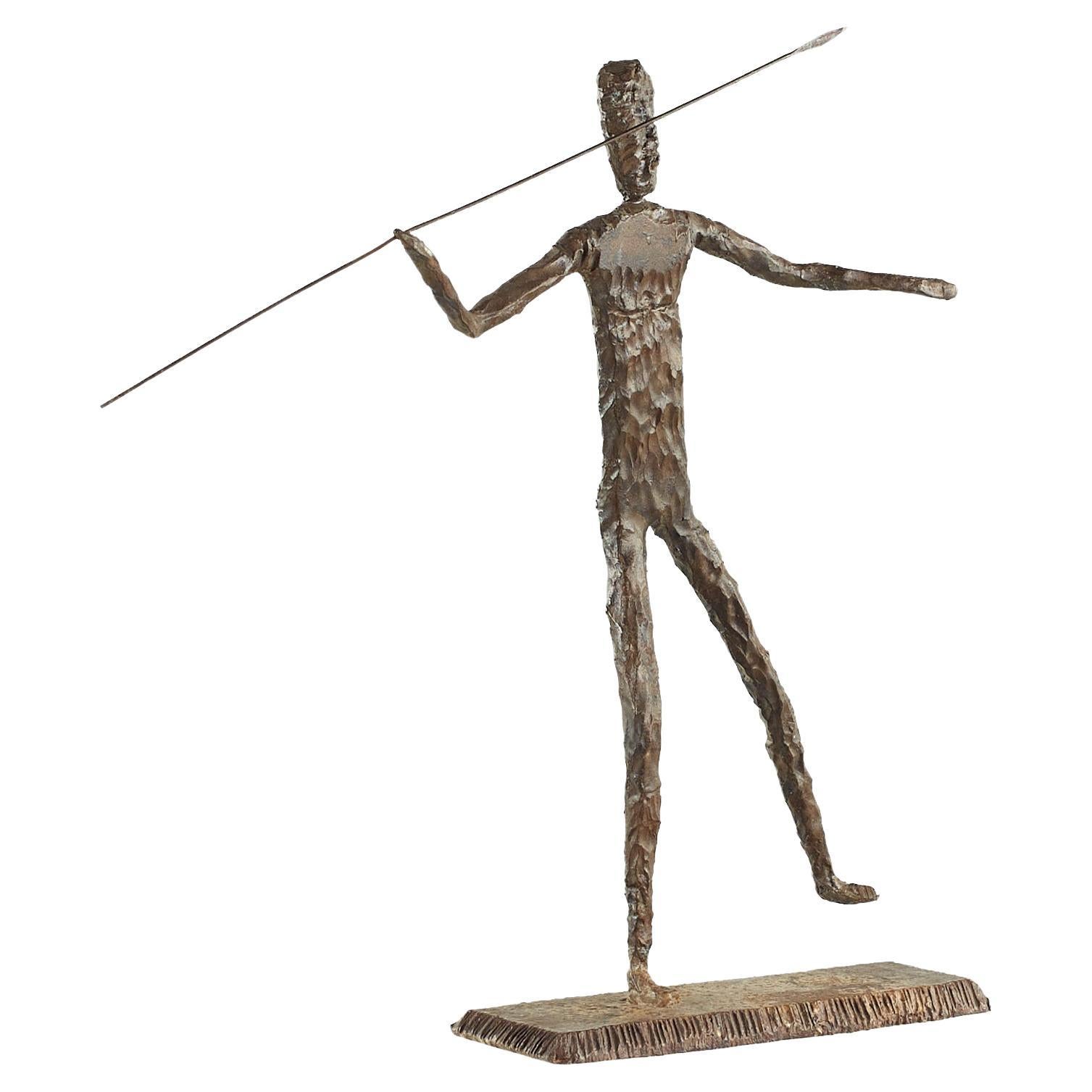 Brutalist Mid Century Man Throwing Spear Steel Sculpture For Sale
