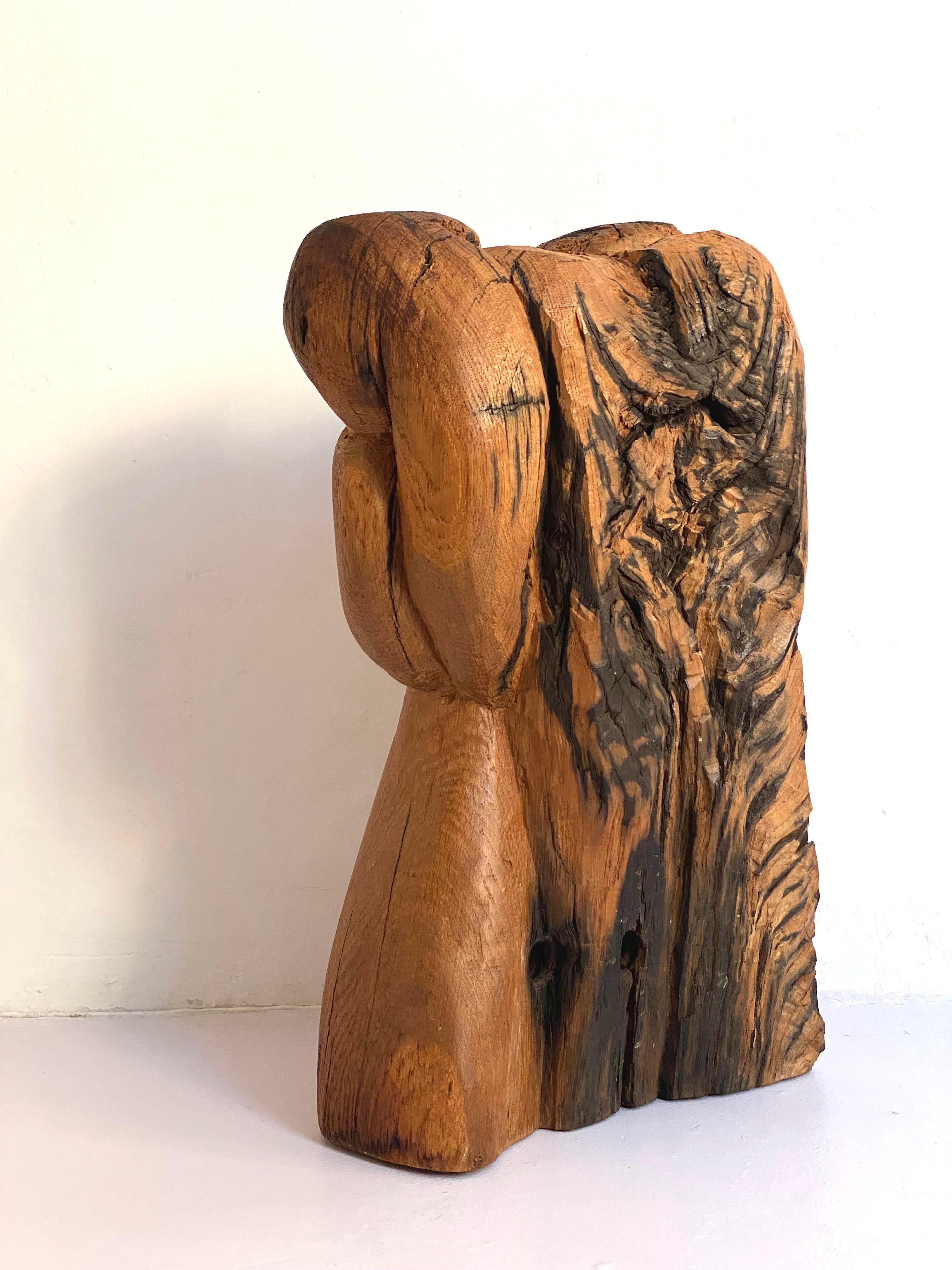 European Brutalist/wabi sabi Mid-Century modern Hand-Carved Solid Wood Sculpture, 1970s For Sale