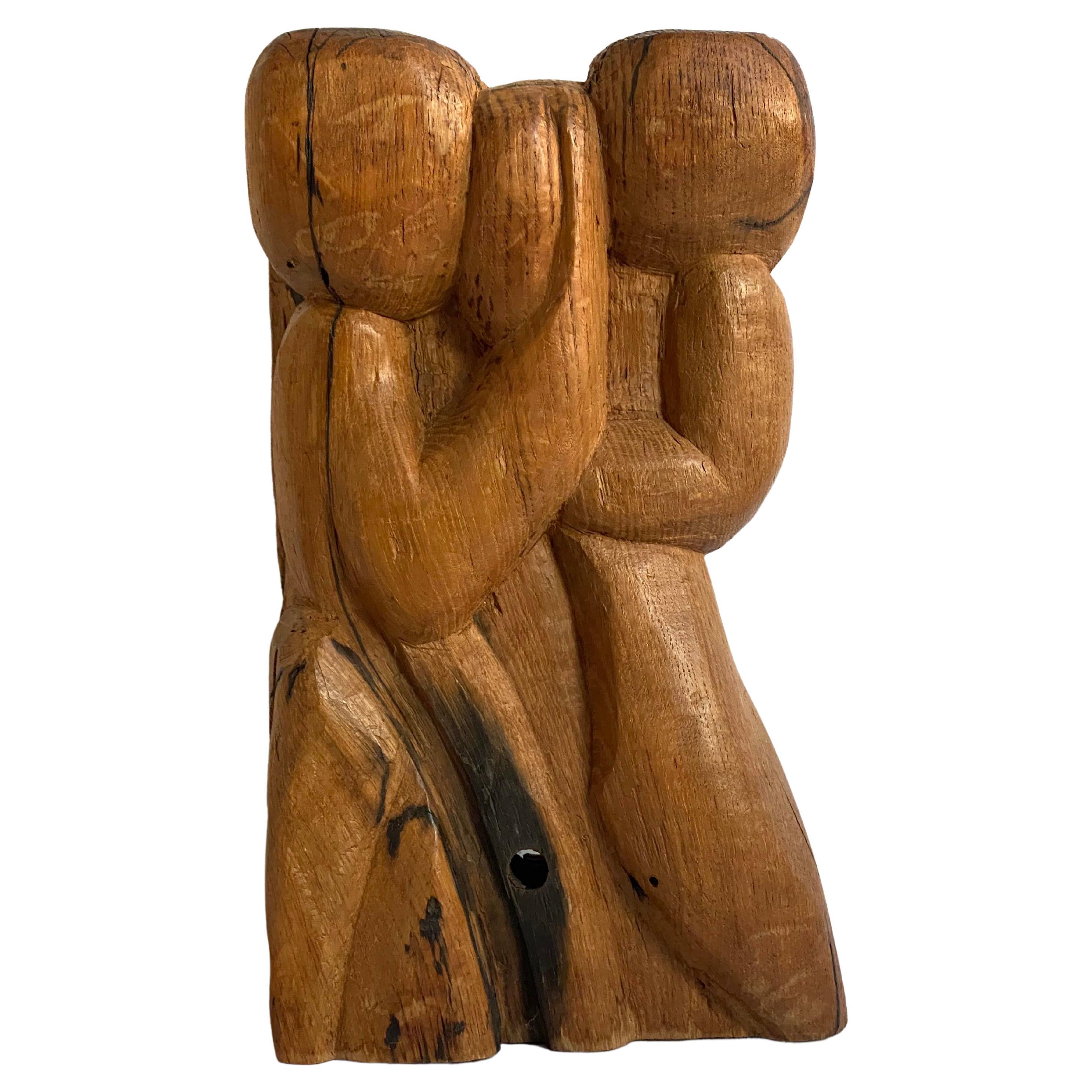 Brutalist Mid-Century Modern Hand-Carved Solid Wood Sculpture “TWINS" 1970s