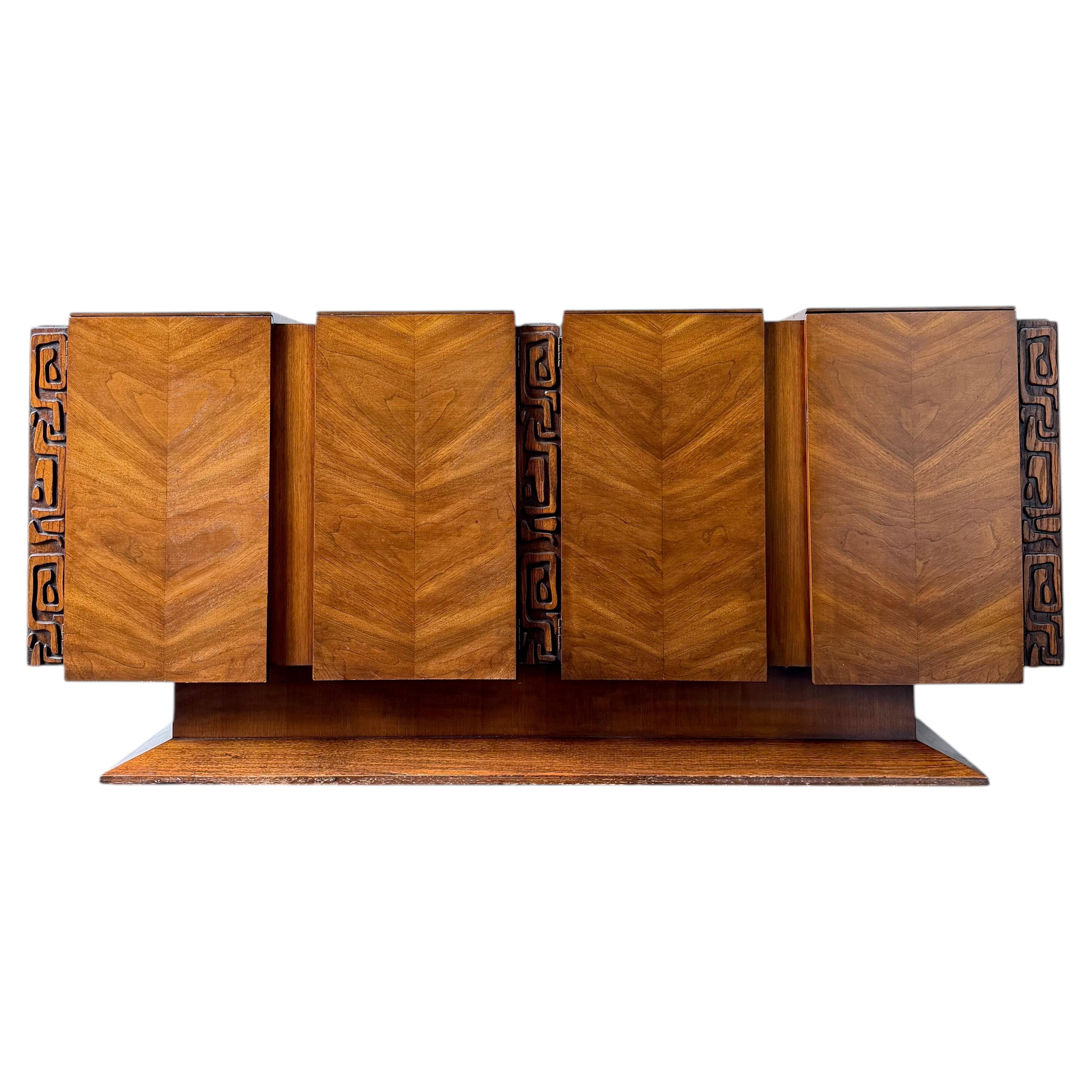 Brutalist mid century modern tiki United credenza