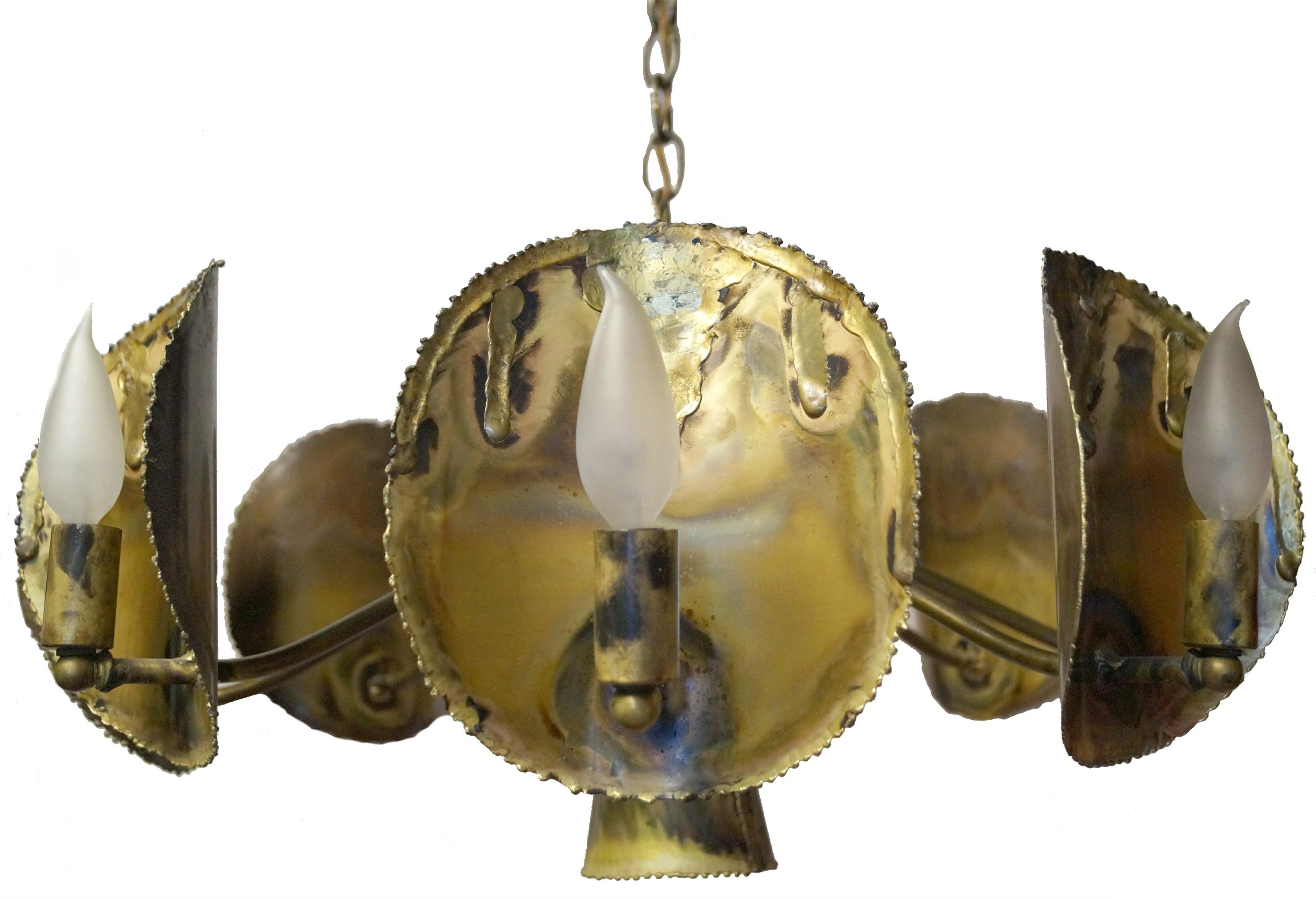 Burnished Brutalist Mid-Century Modern Tom Greene Brass Sculptural Chandelier Feldman Co. For Sale