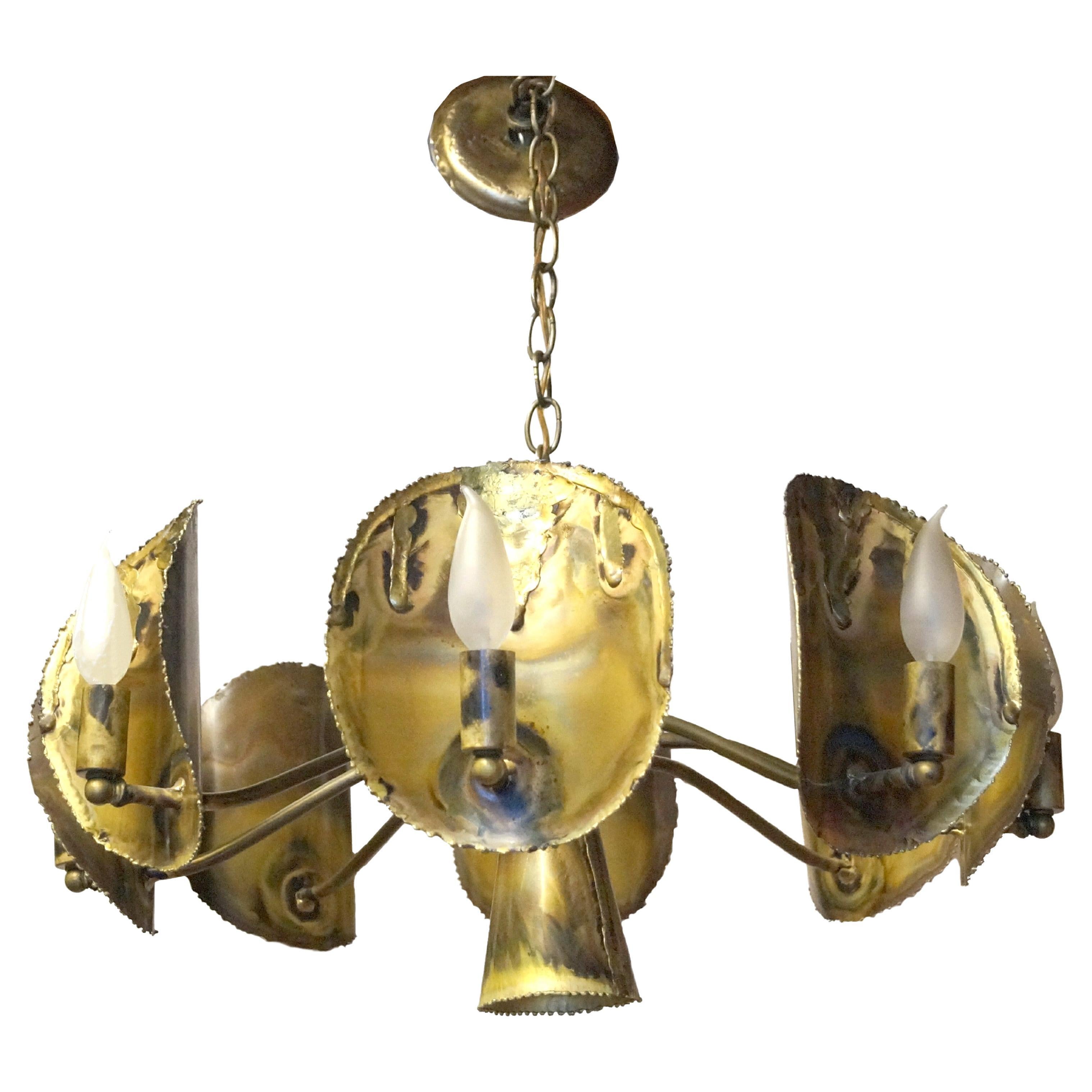 Brutalist Mid-Century Modern Tom Greene Brass Sculptural Chandelier Feldman Co.