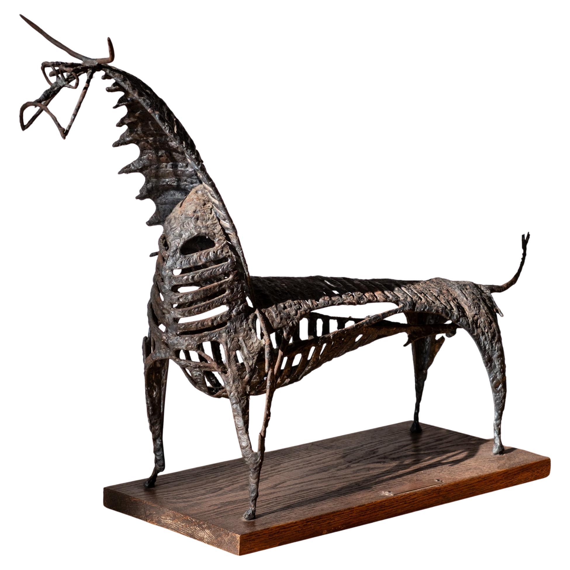 Toro astratto brutalista di metà secolo moderno, scultura in metallo di Charles Charles