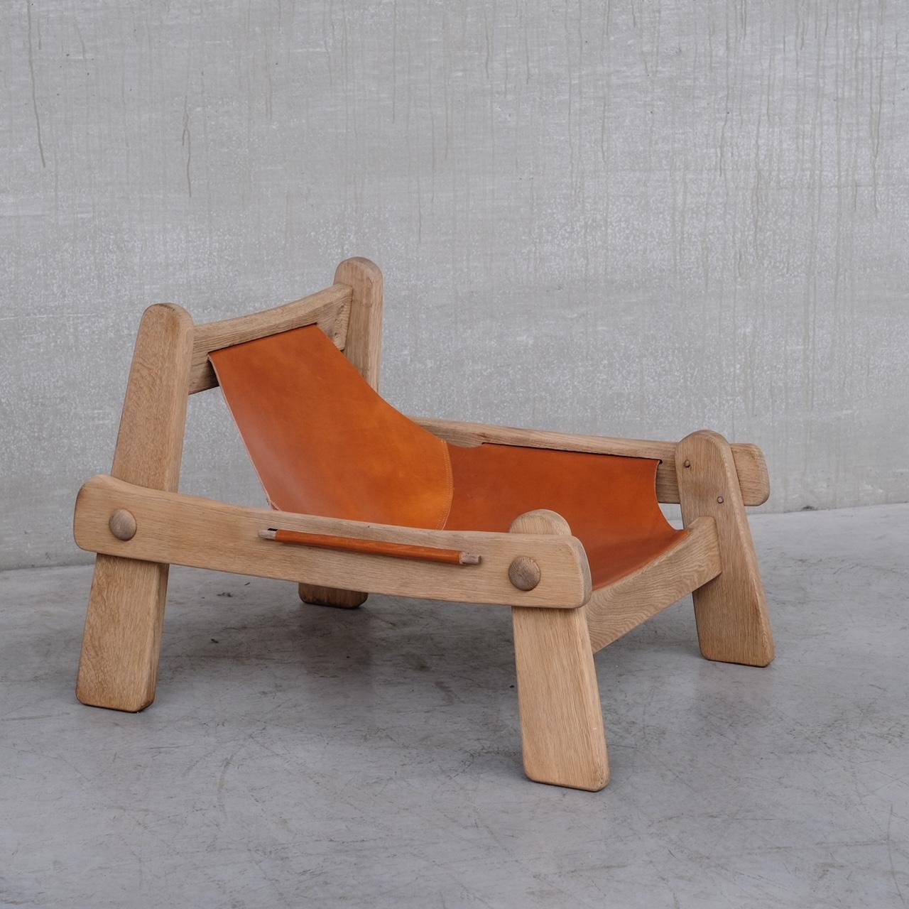 Dutch Brutalist Mid-Century Oak and Leather Lounge Armchair