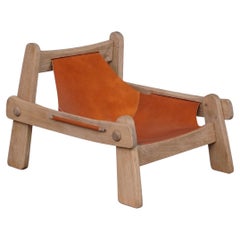 Brutalist Mid-Century Oak and Leather Lounge Armchair