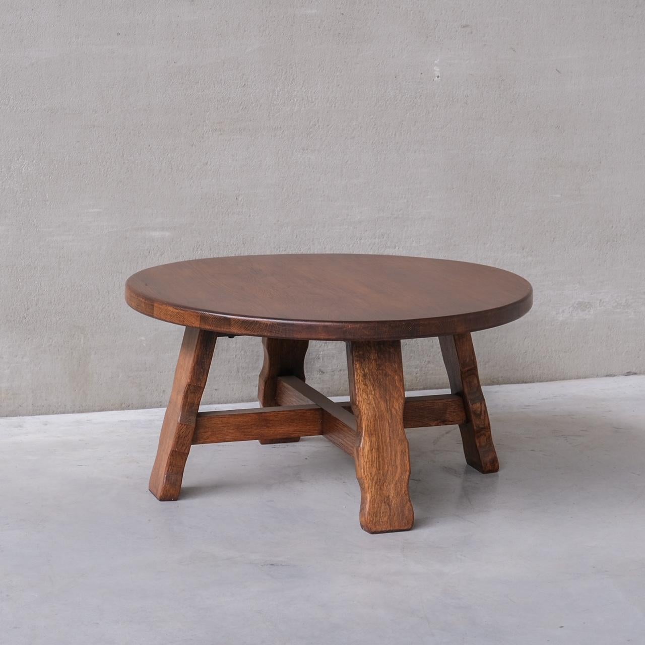 Belgian Brutalist Mid-Century Oak Circular Coffee Table For Sale