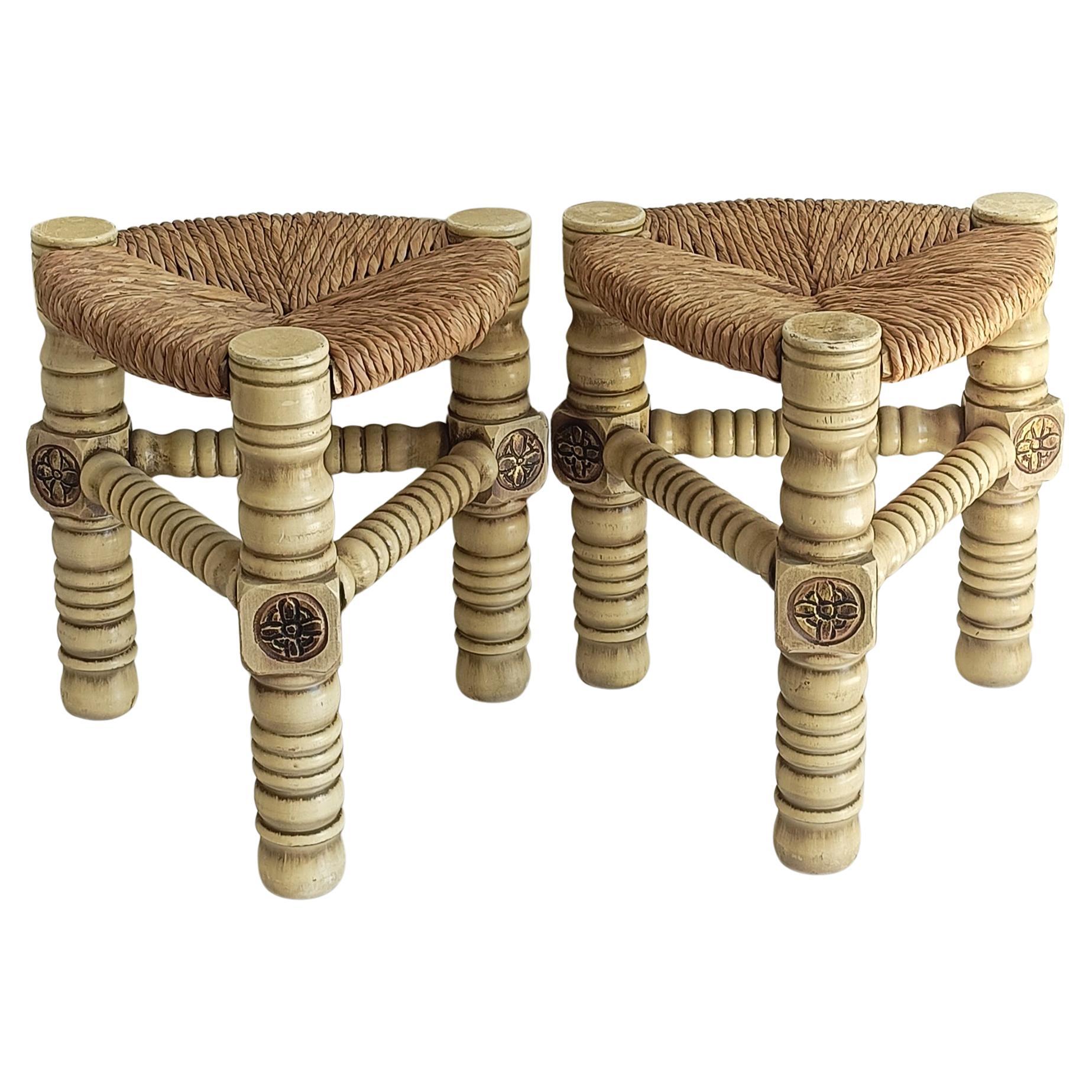 Brutalista di metà secolo  Coppia di sgabelli in Wood e fibra naturale, Belgio, anni '60 in vendita 1