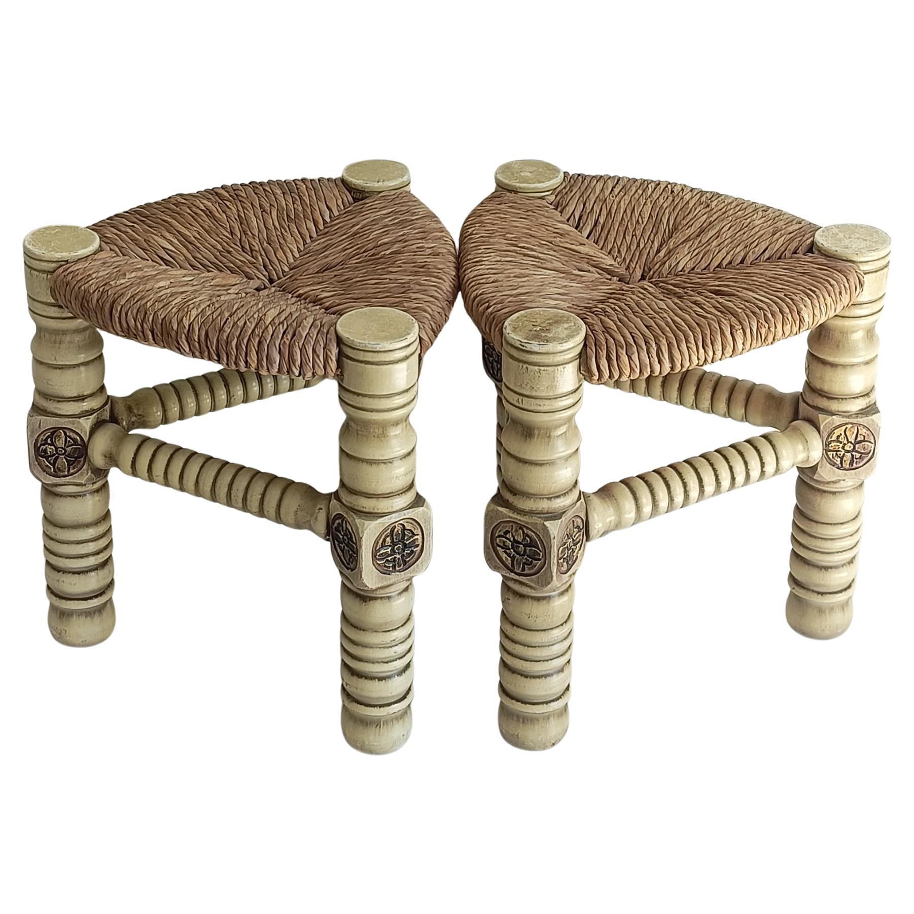 Brutalista di metà secolo  Coppia di sgabelli in Wood e fibra naturale, Belgio, anni '60 in vendita 2