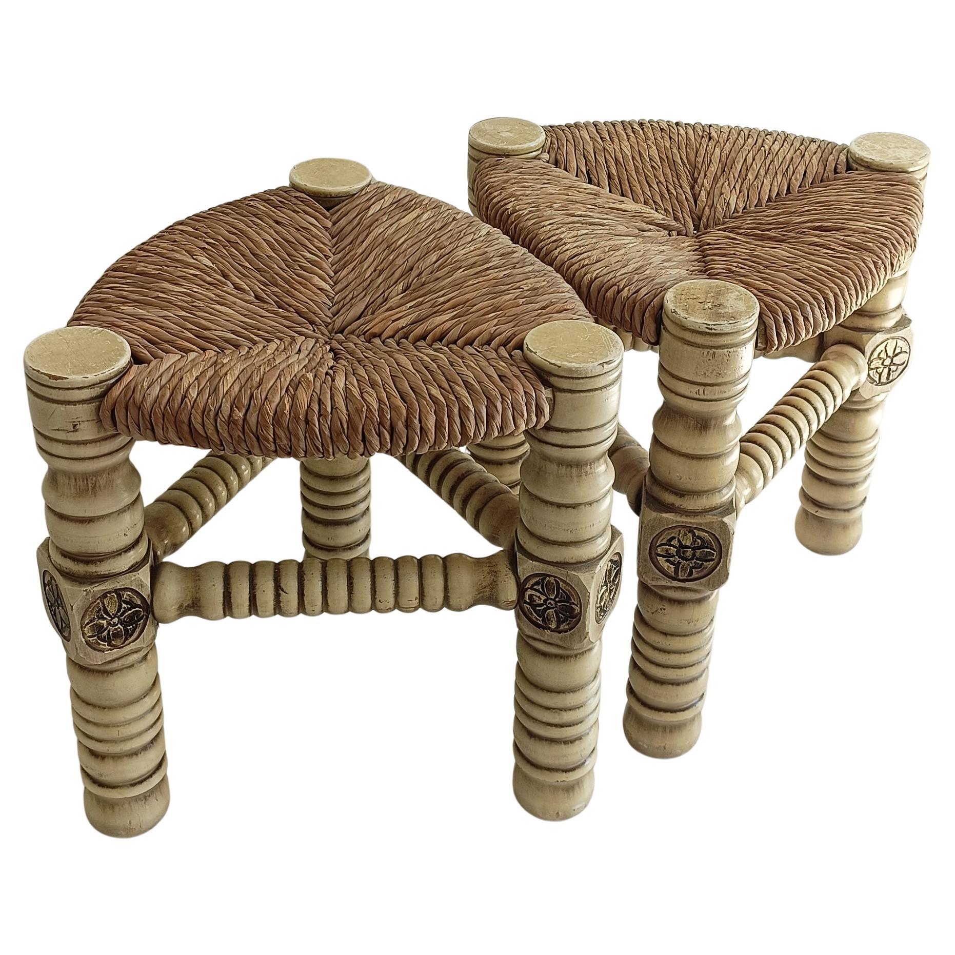 Brutalista di metà secolo  Coppia di sgabelli in Wood e fibra naturale, Belgio, anni '60 in vendita 3