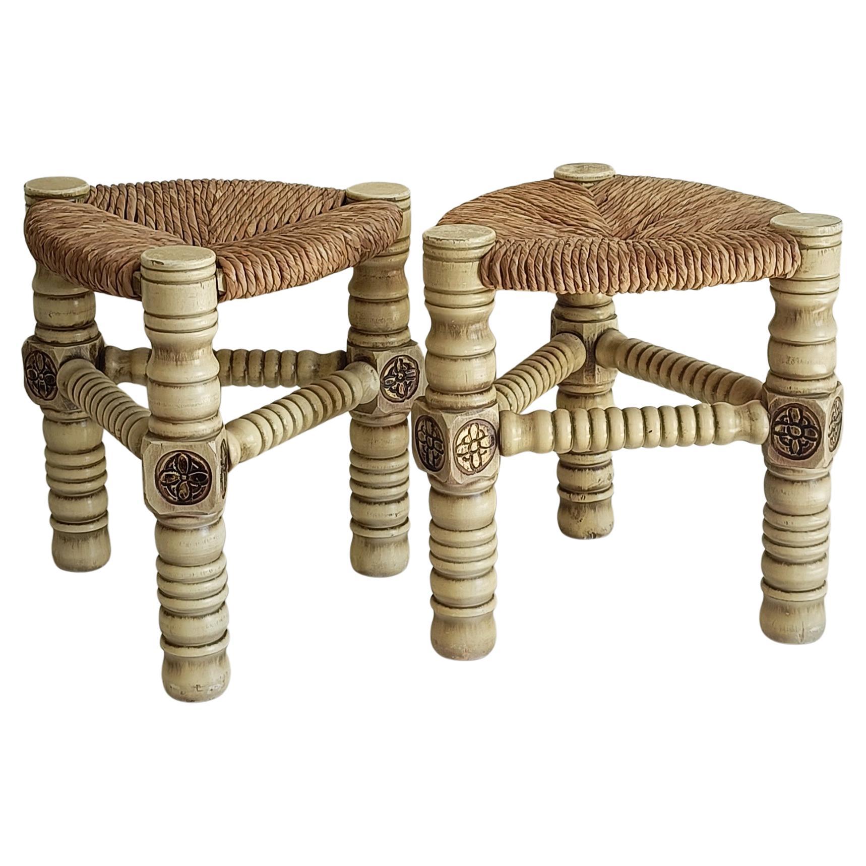 Brutalista di metà secolo  Coppia di sgabelli in Wood e fibra naturale, Belgio, anni '60 in vendita 4