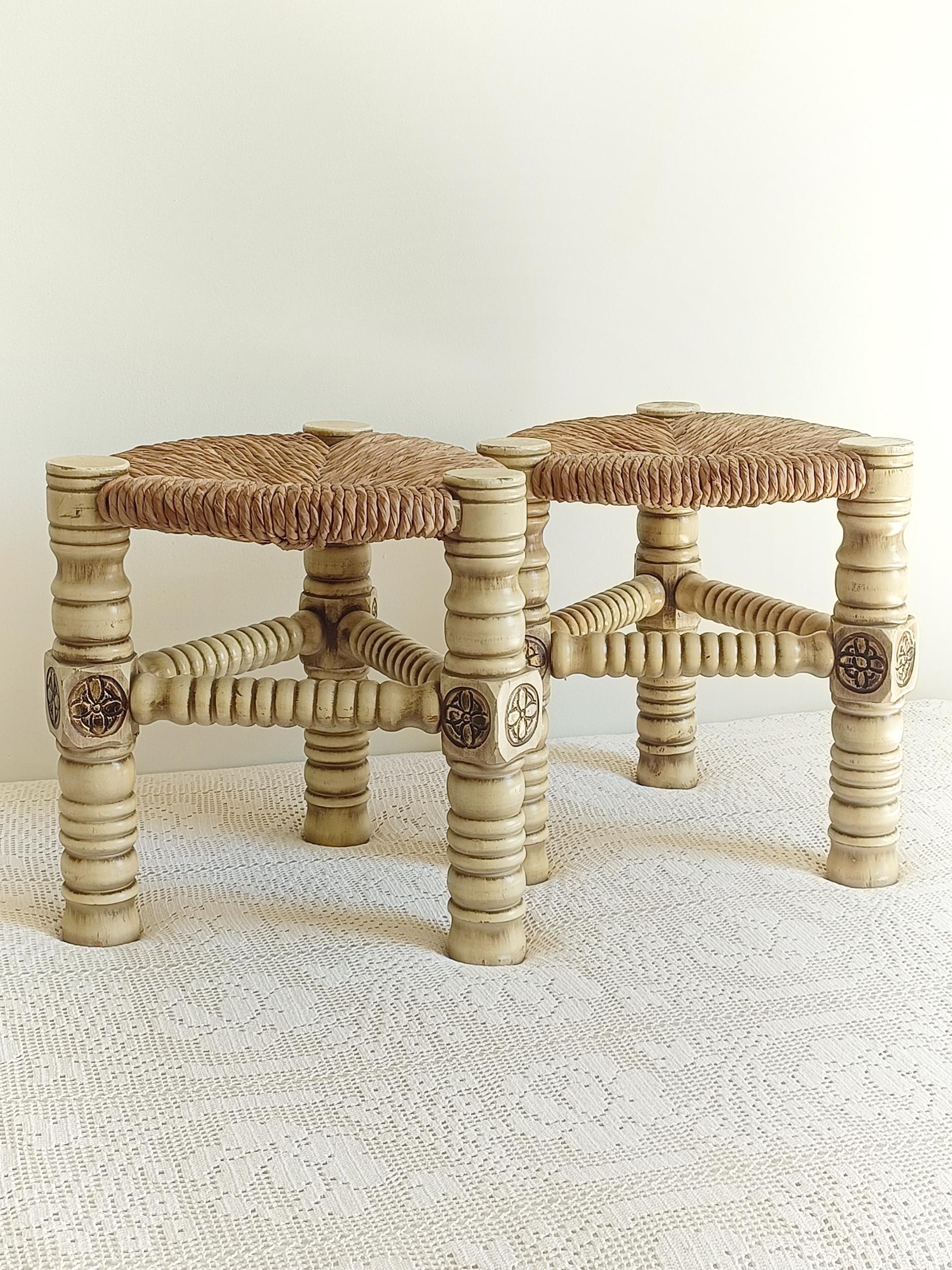 Brutalista di metà secolo  Coppia di sgabelli in Wood e fibra naturale, Belgio, anni '60 in vendita 7