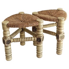 Brutalist Hand-Carved Wood and Fiber Stools, Belgium, Circa 1960s